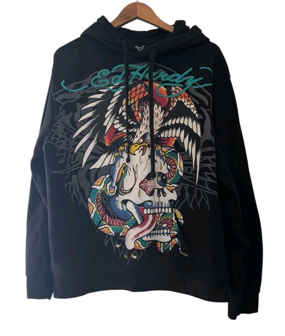 Ed Hardy Hoodie Battle Skull Eagle Snake Black Pullover Hoodie Men's Large R